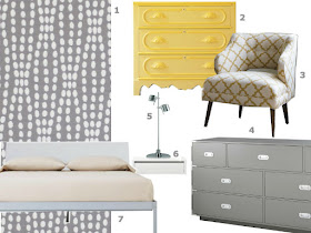 gray and yellow bedroom inspiration board