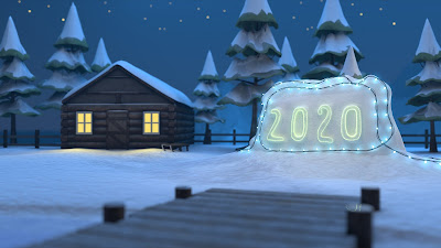 A string of lights on a mound of snow spell out "2020" and a cabin stands in the background. 