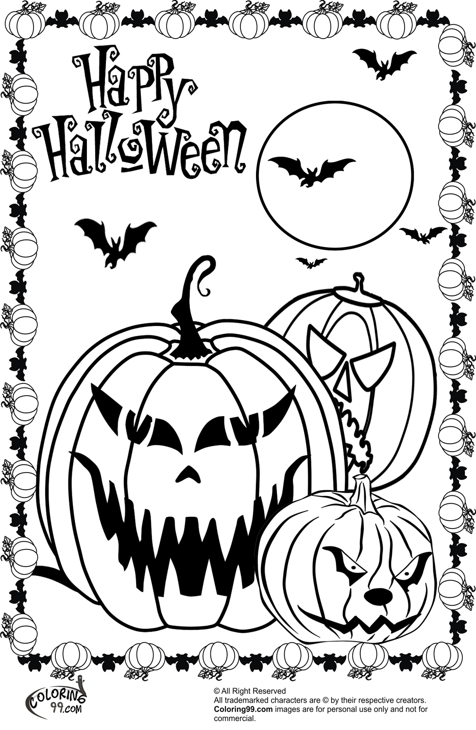three scary pumpkins coloring pictures for halloween