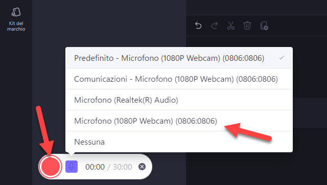 selezionare webcam e microfono