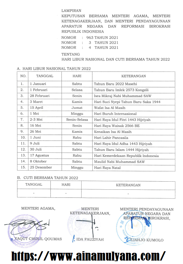 SKB 3 Menteri Tentang Daftar Hari Libur Nasional dan Cuti Bersama Tahun 2022