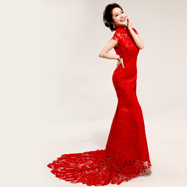 high-neck-short-sleeves-mermaid-train-red-wedding-dress