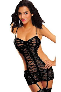 Amour-Sexy Lingerie Spaghetti Strap see-through hot spide Lace Dress Garter