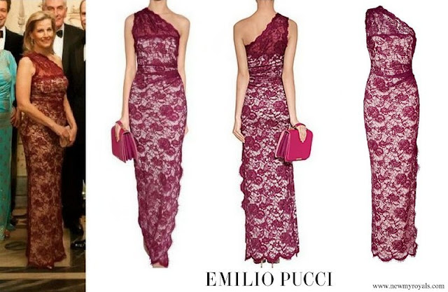 The Duchess of Edinburgh wore Emilio Pucci One-Shoulder Lace Gown purple red lace