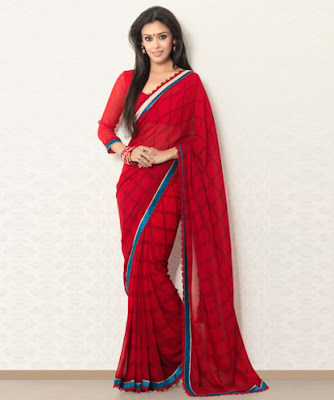 Hrishitaa Bhatt BRAND: Brijraj  CATEGORY: Saree with Unstitched Blouse  COLOUR:  Saree: Red  Blouse: Red  MATERIAL:  Saree: Poly Georgette  Blouse: Poly Georgette