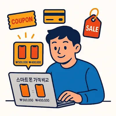 자급제폰을 스마트하게 구매하는 사람들의 일러스트