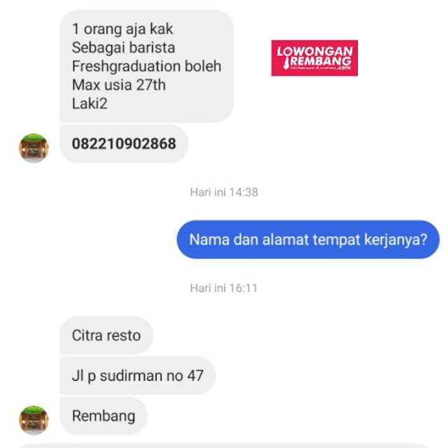 Lowongan Kerja Pegawai Barista Citra Resto Rembang Tanpa Syarat Ijazah