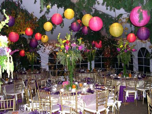 yellow wedding, purple wedding, pink wedding, hanging tree limbs for wedding decor