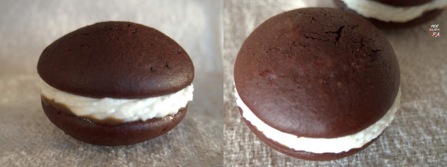 Galleta de bizcocho de chocolate rellena de crema de yogur y mascarpone con un toque de caramelo salado