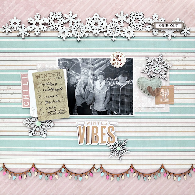 Winter vibes scrapbook layout featuring frosty chipboard embellishments coated in white paint and glitter using the Simple Stories Winter Woods line.
