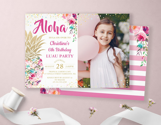  Tropical Pink Gold Pineapple Luau Birthday Photo Invitation