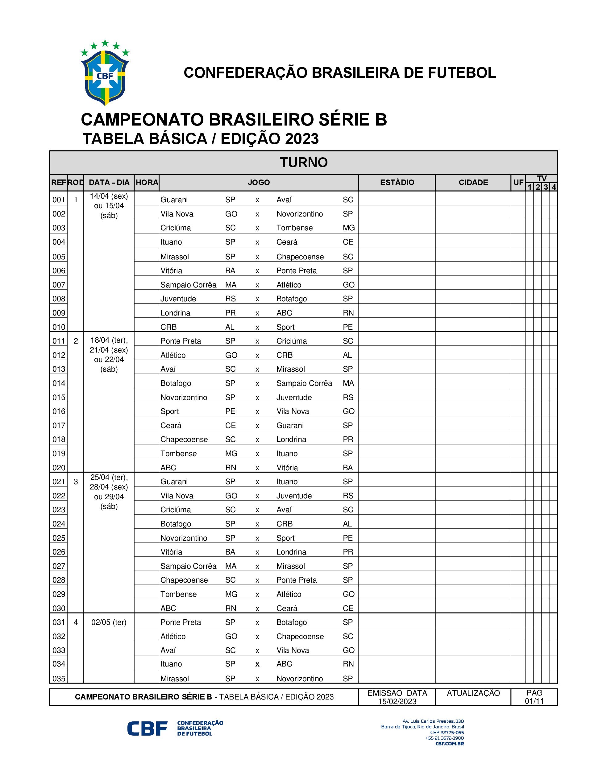 CBF divulga tabela da Série B do Brasileiro 2023, brasileirão série b