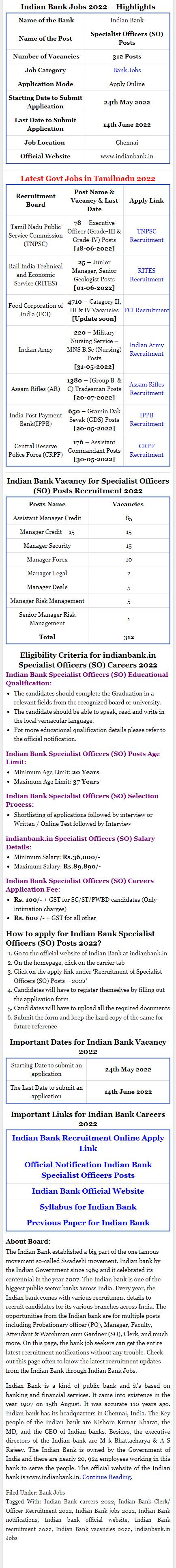 Indian Bank Recruitment 2022 | Apply Online for 312 Specialist Officers (SO) Posts @ indianbank.in