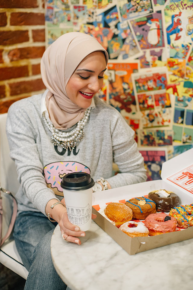 Diablo Doughnuts Baltimore-Francesca's Sweatshirt-Oh Donut Even Shirt-Weekend Casual Look-Hijabi-Modest Fashion-Kate Spade cobble hill milieu Bag - Marc Fisher Adalyn Wedge