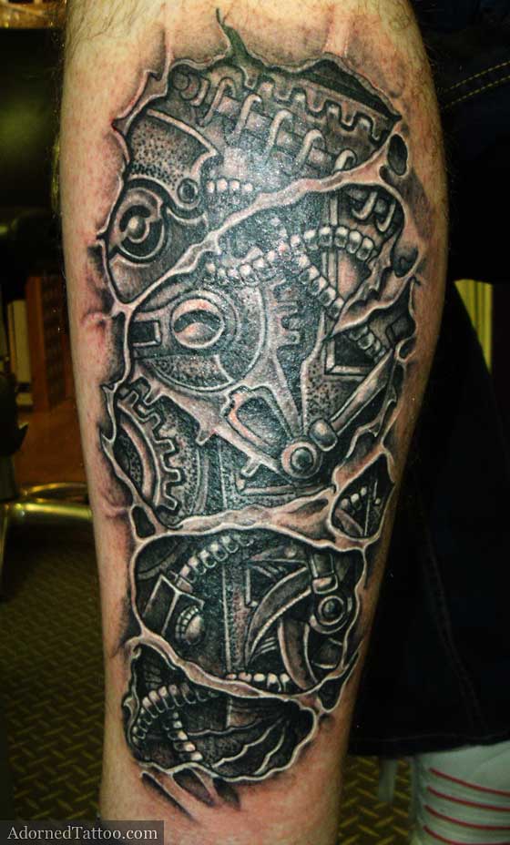 biomech tattoo on the calf a complex mechanism tattooed on the calf