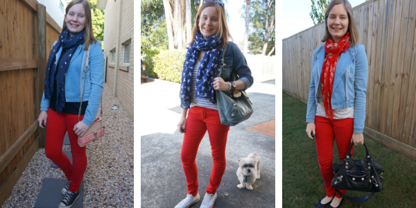 3 ways to wear denim jackets and red skinny jeans | away from blue blog