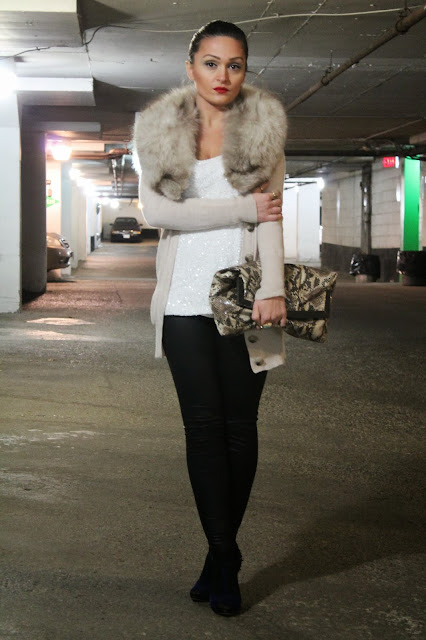 Red lips, zara coat, leather sleeve coat, leather leggings, sam edelman, forever 21 leggings, Joe Fresh sequin top, spike heels, urban behavior sweater, fur, fur scarf