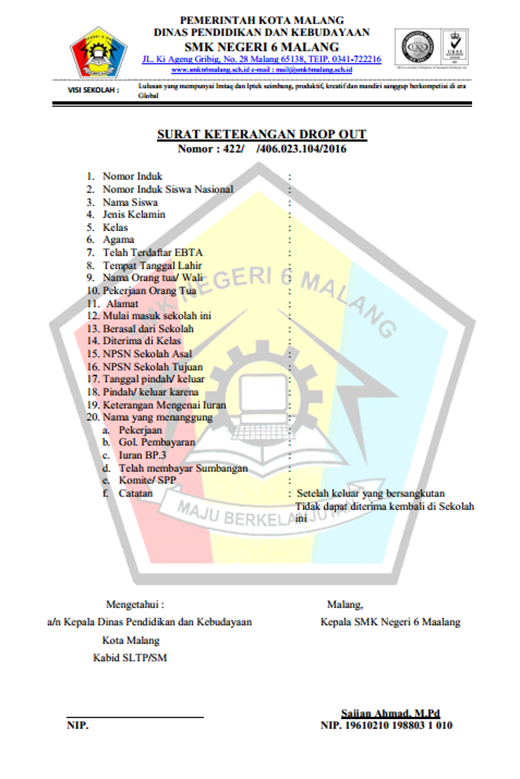 Format Surat Drop Out Siswa Keluar Indoamaterasu