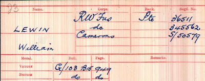A pinky red pre-printed form with Lewin, William his Corps, Rank and Numbers noted in heavy blue ink.  See text below.
