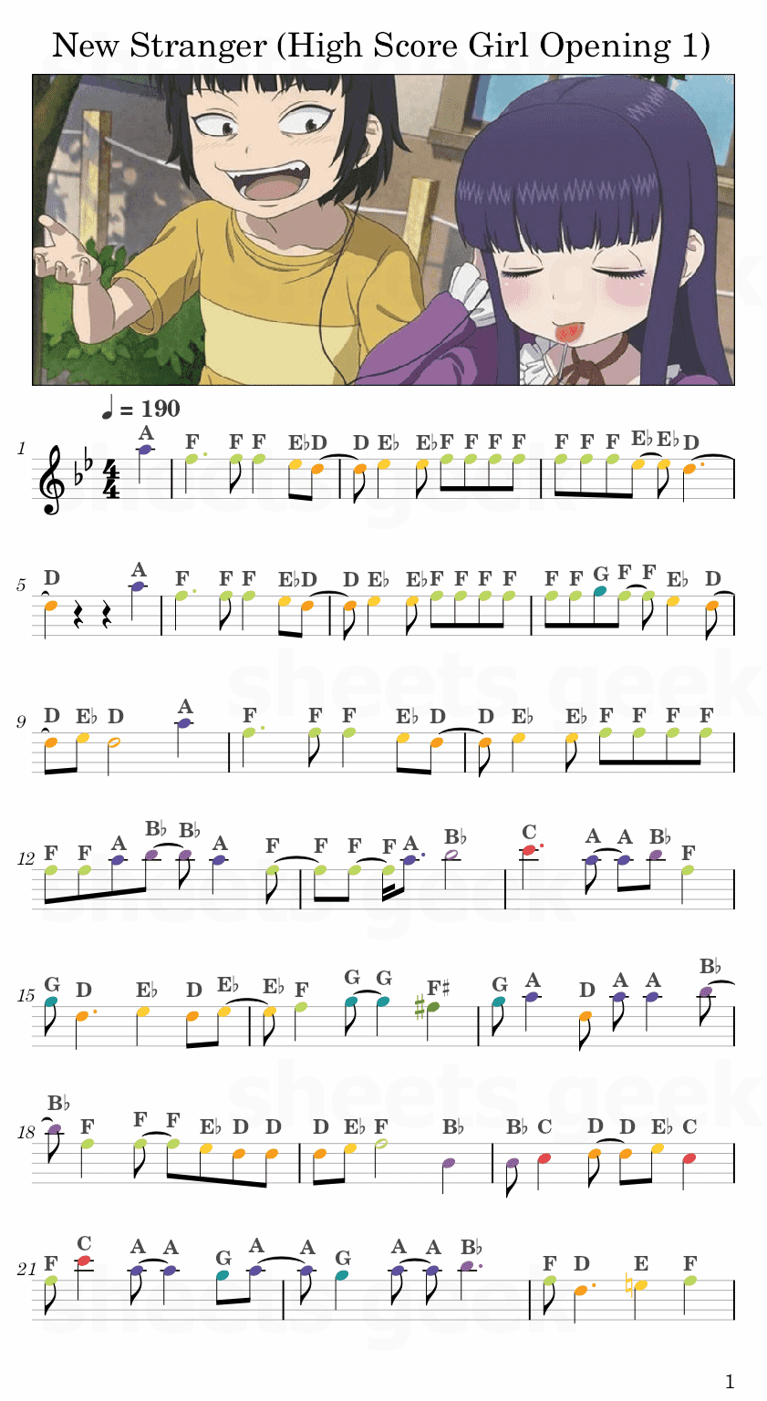 New Stranger by Sora Tob Sakana (High Score Girl Opening 1) Easy Sheet Music Free for piano, keyboard, flute, violin, sax, cello page 1