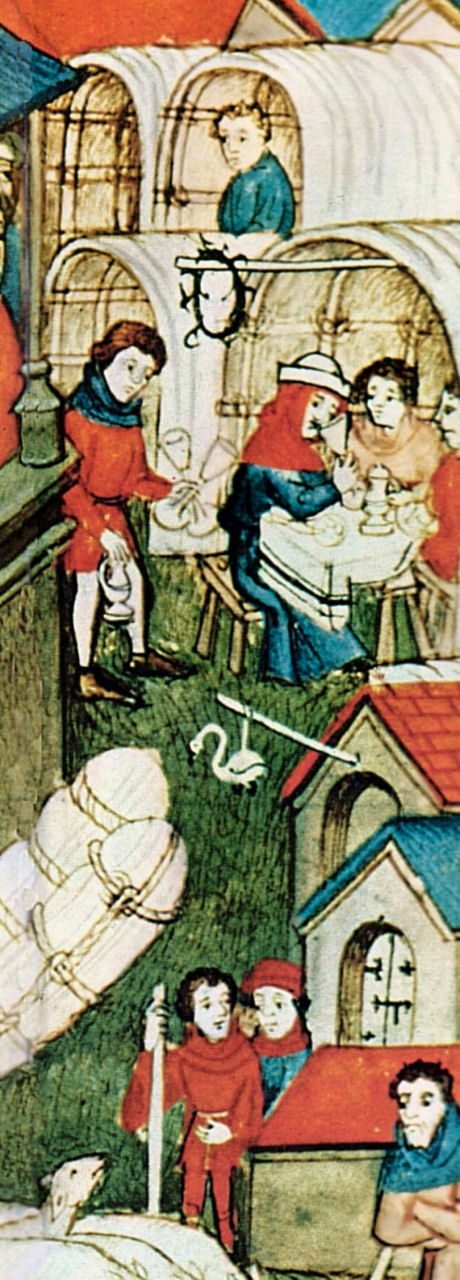 "La foire du Lendit", detalhe, anônimo, século XIV, 'Pontifical de Sens', França,  na BnF (departemento dos Manuscritos, Latin 962, fol. 264.