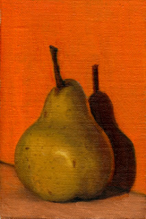 Oil painting of a pear in front of an orange background.