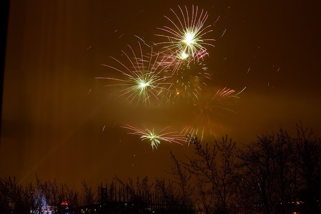 New Year's eve fireworks at Auberge du Vieux-Port in Montréal, Canada