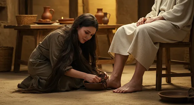 María de Betania derrama ungüento precioso sobre la cabeza y los pies de Jesús, y seca sus pies con sus cabellos.
