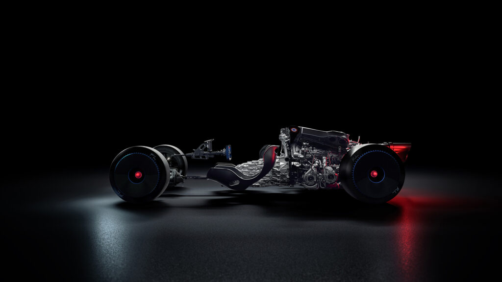 Para ser tan liviano como un auto convencional de calle, el Bolide tiene un chasis de fibra de carbono y la configuración de un auto de Fórmula 1