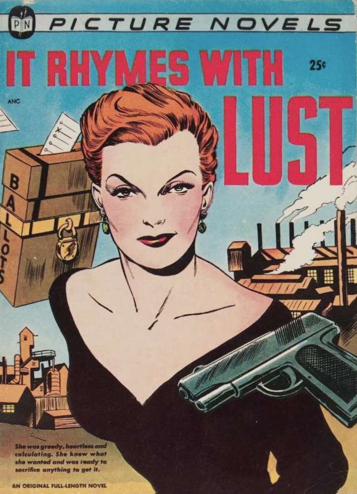 Cover to 'It Rhymes with Lust' with title in red above a smiling woman (Rust Masson) in a body-hugging black dress with plunging neckline