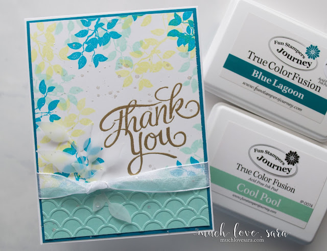 This fun Thank You card is perfect for spring or summer.  The layered greens and aqua colors are gorgeous mixed with the gold and sparkle.  Created using the Fun Stampers Journey Everyday Script Stamp set, Branch ATS, and Summer Branch Die.  