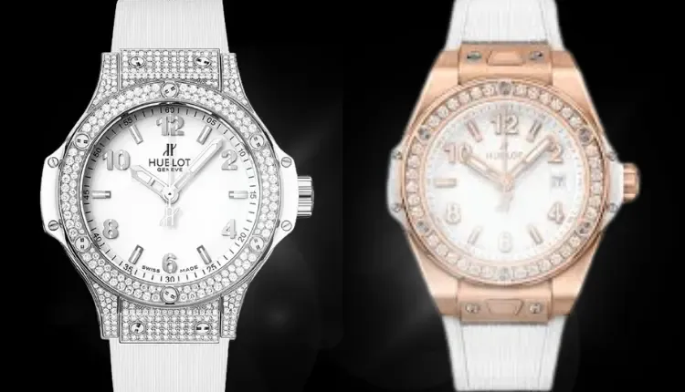 Image of two different versions of Hublot Big Bang Steel White Jewelery luxury wristwatch with a black background