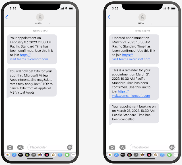 The image is a pair of screencaptures showing a mobile phone screen displaying text message alerts from Microsoft Teams. The first image shows a text message notification with the details of a virtual appointment, including the date, time, and a link to join the meeting. The second image shows a text message reminder sent 15 minutes before the start of the scheduled appointment.