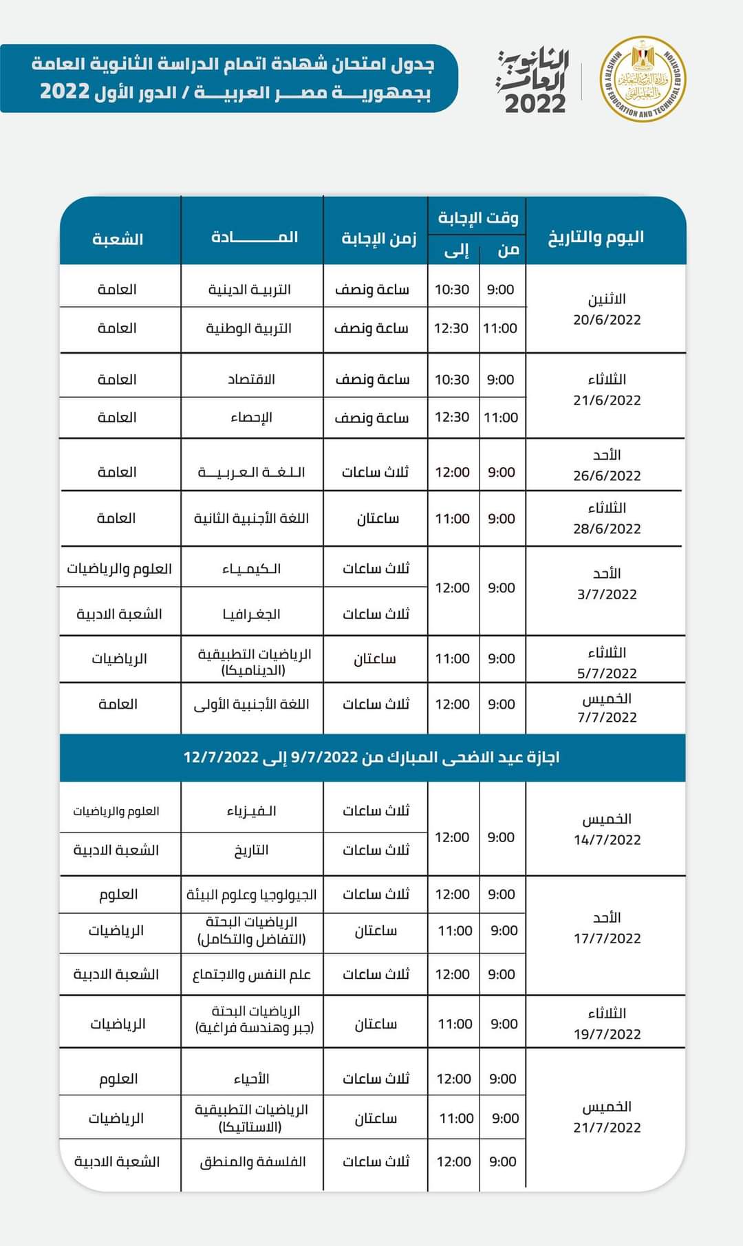 جدول امتحانات الثانوية العامة 2022.. التفاصيل الكاملة