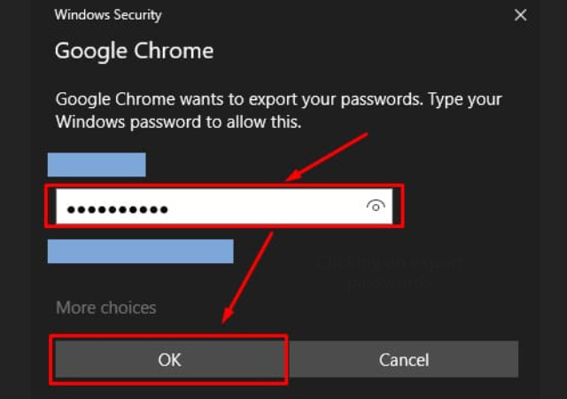 Clicking on export passwords
