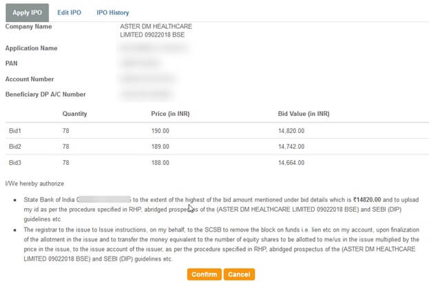 sbi smart ASBA ipo confirm