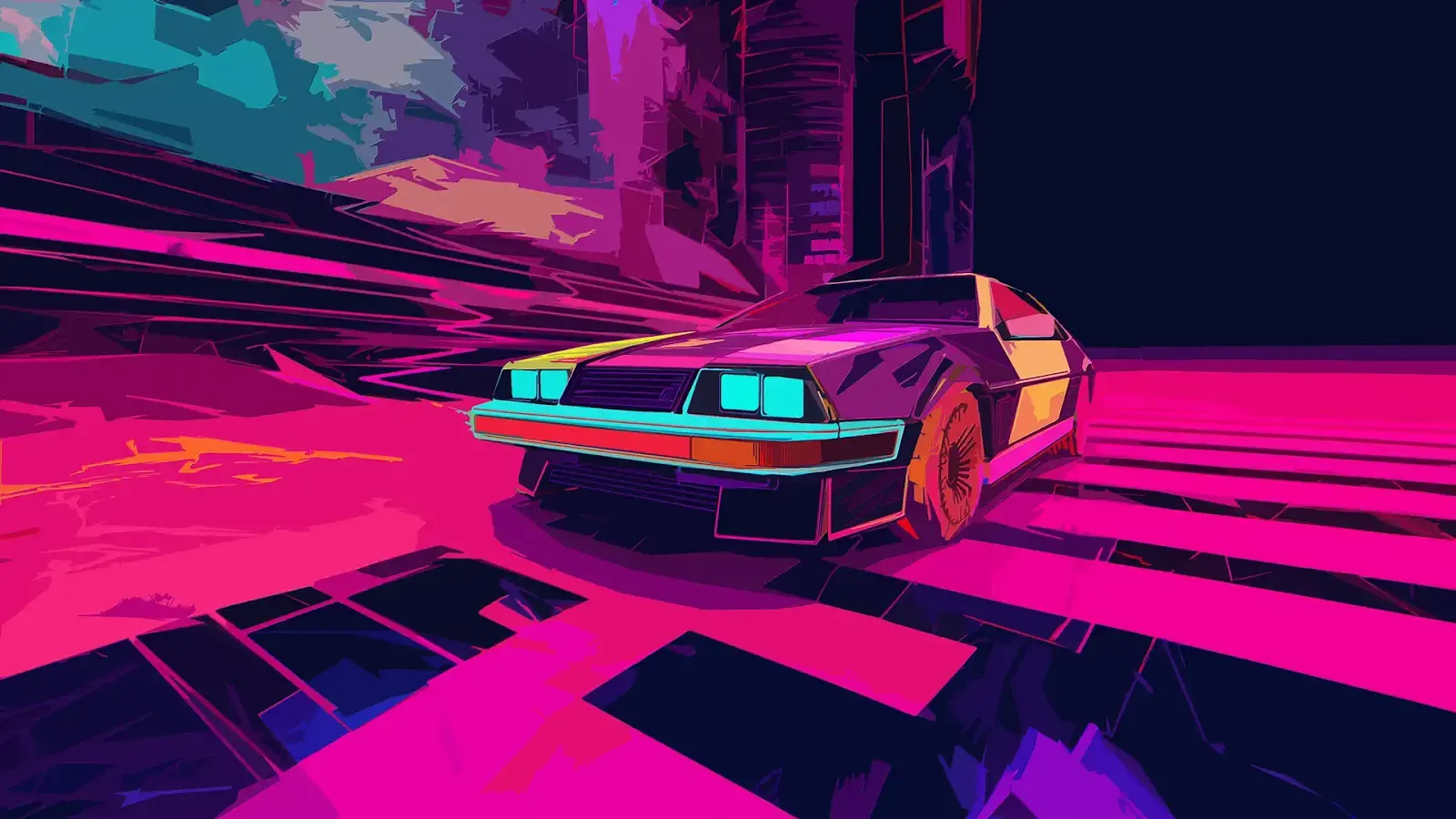 Vivid neon-colored retro sports car parked on a futuristic cyber grid with towering urban structures under a twilight sky.