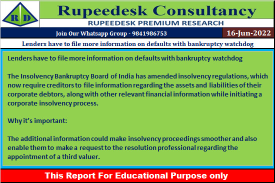 Lenders have to file more information on defaults with bankruptcy watchdog - Rupeedesk Reports - 16.06.2022