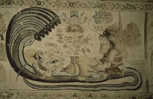 Narayana reclining on Shesha, as Brahma blooms on a lotus from his navel (palace of Bir Singh Dev, early 17th c.)