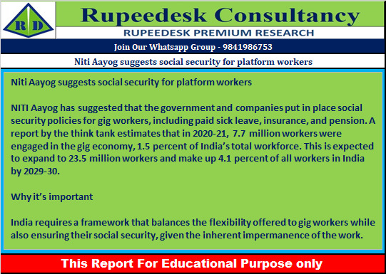 Niti Aayog suggests social security for platform workers - Rupeedesk Reports - 28.06.2022