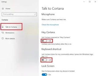 Turn off the Hey Cortana and Keyboard shortcut switches