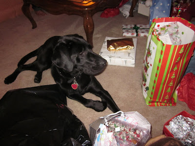 Dagan lying on the carpet, surrounded by presents