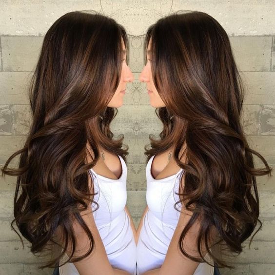 Long Curled Chocolate Brown Hair with Caramel Highlights