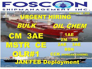 2640 seaman jobs crew for join on a Bulk carrier ship, Oil chemical tanker ship deployment January February 2019.