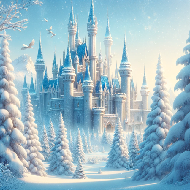 A beautiful winter landscape depicting a frozen kingdom with a magnificent castle in the background