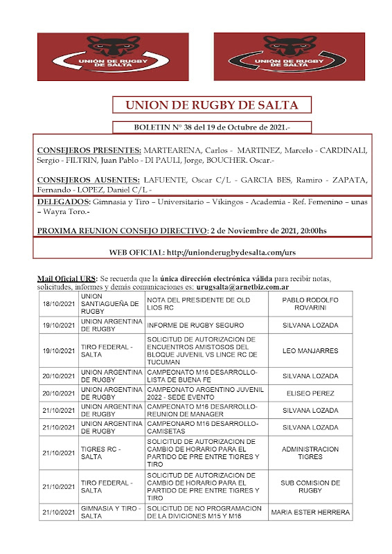 Boletín Oficial de la Unión de Rugby de Salta.