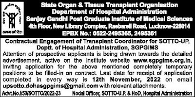 SGPGIMS Recruitment 2022, Transplant Coordinator