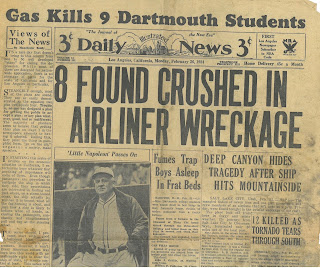 Daily Illustrated News, Los Angeles, CA, Monday, February 26, 1934, Front Page. Headline reads "Gas Kills 9 Dartmouth Students" Other articles on page.