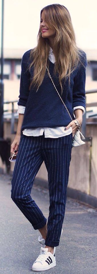 casual outfit inspiration / sneakers + striped pants + shirt + pullover