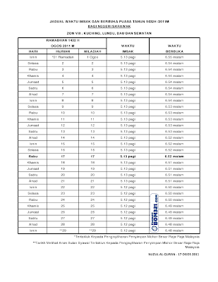 Jadual Waktu Imsak & Berbuka Puasa Tahun 1432H/2011M Bagi Negeri Sarawak Bumi Kenyalang